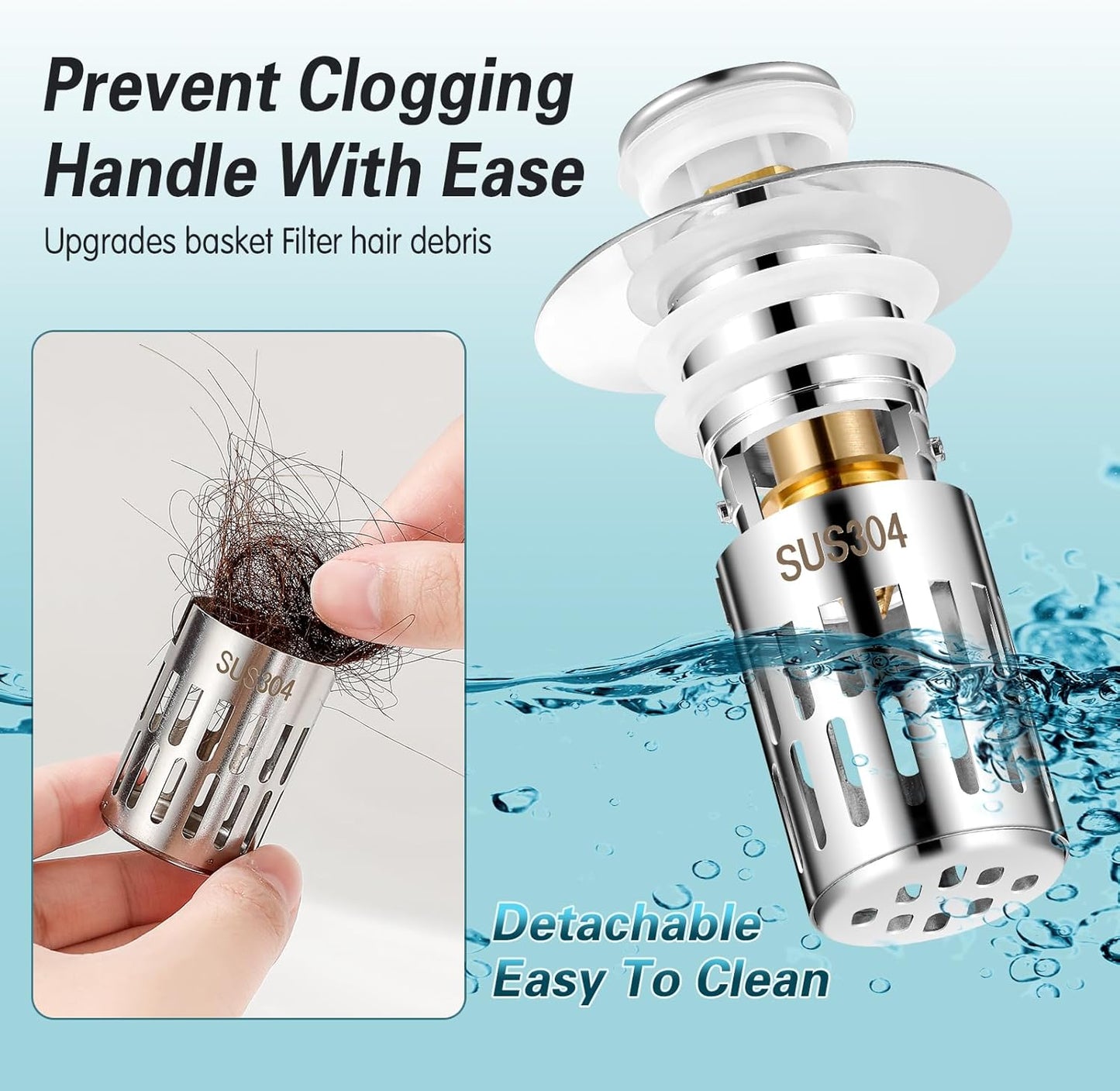 Bathroom Sink Stopper Hair Catcher, Pop-up Sink Drain Strainer with Removable Stainless Steel Strainer Basket Hair Catcher, Universal Drain Filter for Bathroom Sink Stopper Replacement (1PCS)