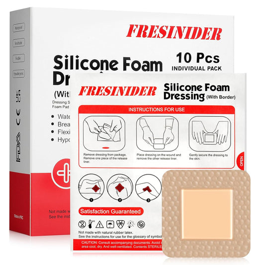 FRESINIDER Silicone Foam Dressing with Adhesive Border – Wound Dressing Bandage – Silicone Foam Pad – Pack of 10 – 2 x 2 Inches Large Waterproof Bandages – Self Adhesive Wound Care and Dressings
