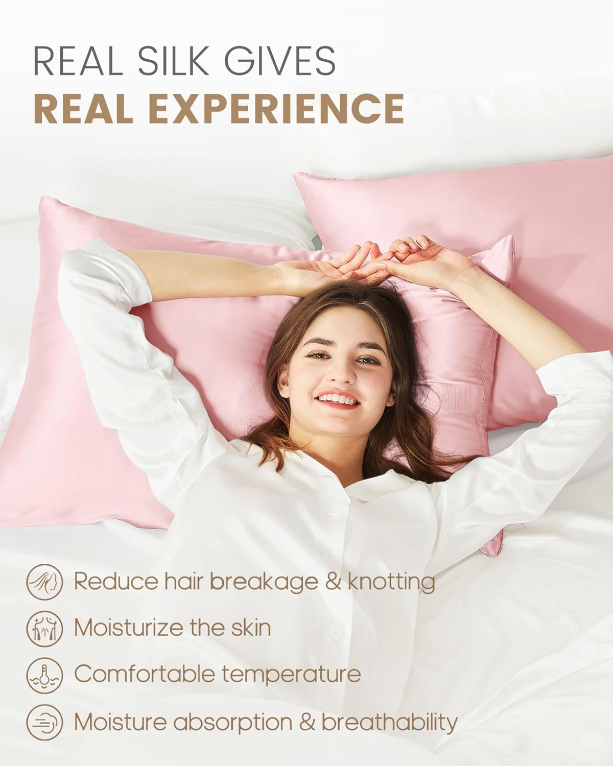 THXSILK Set of 2 Mulberry Silk Pillowcase for Hair and Skin, 100% Mulberry Silk Grade 6A+, Dual-Sided Real Silk Pillow Cases with Hidden Zipper, King Size 20"x36" Silk Pillow Cases, Light Pink