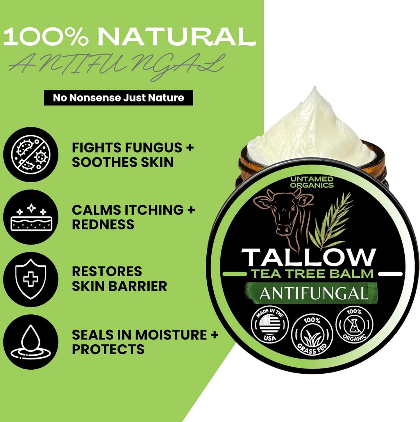 Tallow Antifungal Balm | Organic Tea Tree Oil Balm with Grass-Fed Tallow | Non-Toxic Itchy Skin Relief Balm | All Natural Remedy for Athletes Foot, Jock Itch, Ringworm | 2 FL. oz.