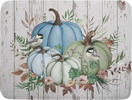 Fall Blue Pumpkin Dish Drying Mat 18x24 inch Autumn Harvest Dish Rack Mats Reversible Microfiber Drainer Pad for Kitchen Countertop Decor