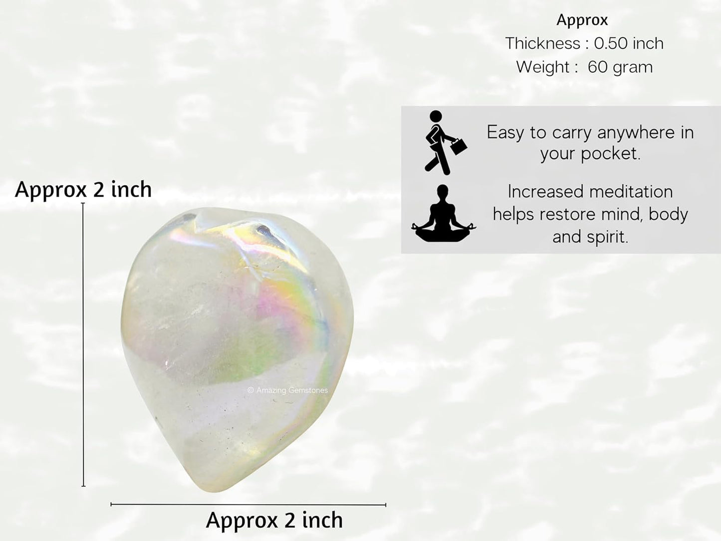 Amazing Gemstone Angel Aura Quartz Crystal Heart Palm Stone - Pocket Massage Worry Stone for Natural Body Chakra Balancing, Reiki Healing and Crystal Grid
