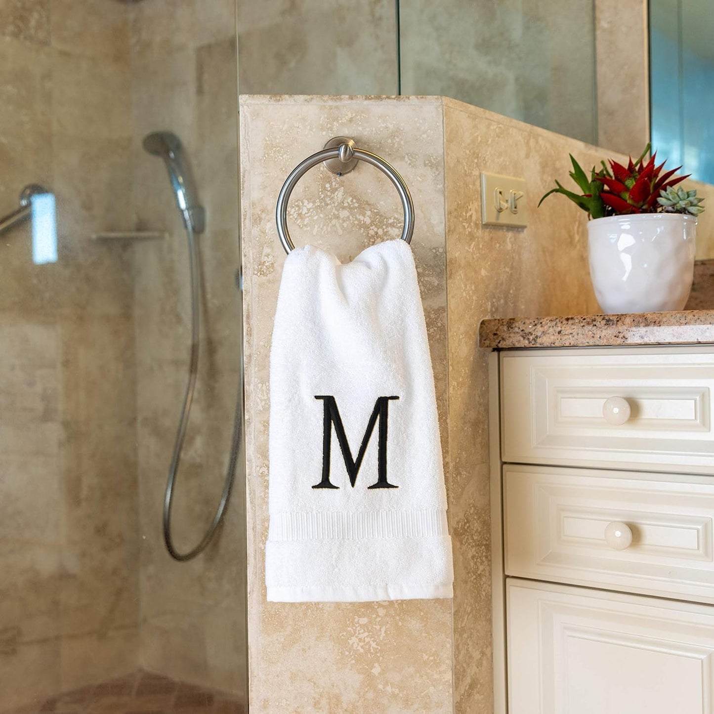 Black Initial Hand Towel for Bathroom - Monogrammed Luxury Hotel Quality Decorative Embroidered Towel for Powder Room, Spa - GOTS Organic Certified - Set of 2 Letter M