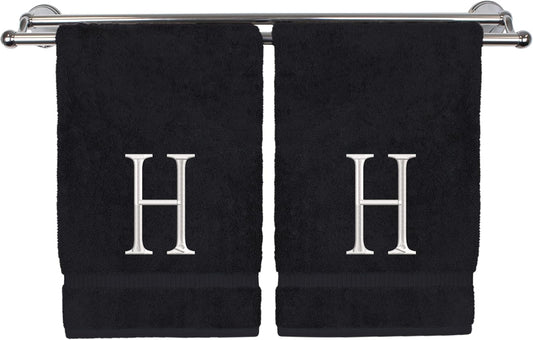 Monogrammed Hand Towel, Personalized Initial Gift, Extra Absorbent 100% Turkish Cotton - Soft Terry Finish - Set of 2 - White Block Initial H - Embroidered on Black Towels