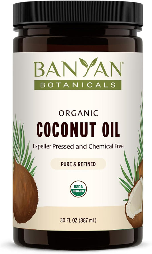 Banyan Botanicals Coconut Oil – Expeller Pressed Organic Coconut Oil – Massage Oil for Naturally Hydrated Skin and Hair – 30 oz – Refined, Non GMO, Sustainably Sourced