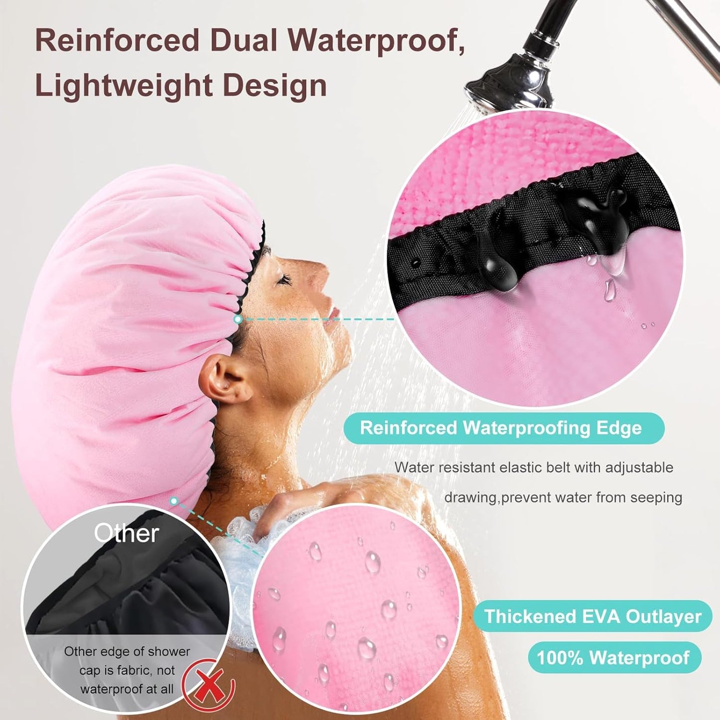 2 Pcs 13.5" Dual Waterproof Design Adjustable Terry Shower Cap for Women and Men, EVA Double Layer Bath Cap Reusable for Braids, Long Hair, Dreadlocks