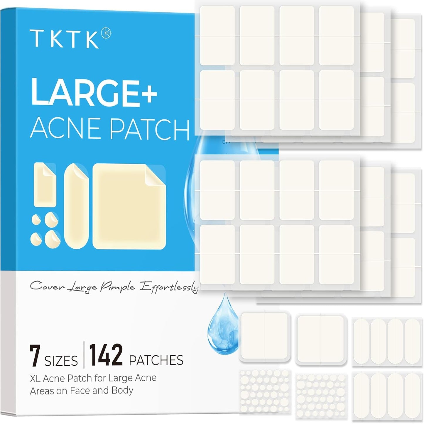 Large Pimple Patches for Face, 7 Sizes Big Acne Patches, XL Hydrocolloid Bandages for Body, Chin, Forehead, Nose, Back Blemish Zit Breakouts, Hydrocolloid Patch (Square, Strip, Dot 142 Count)