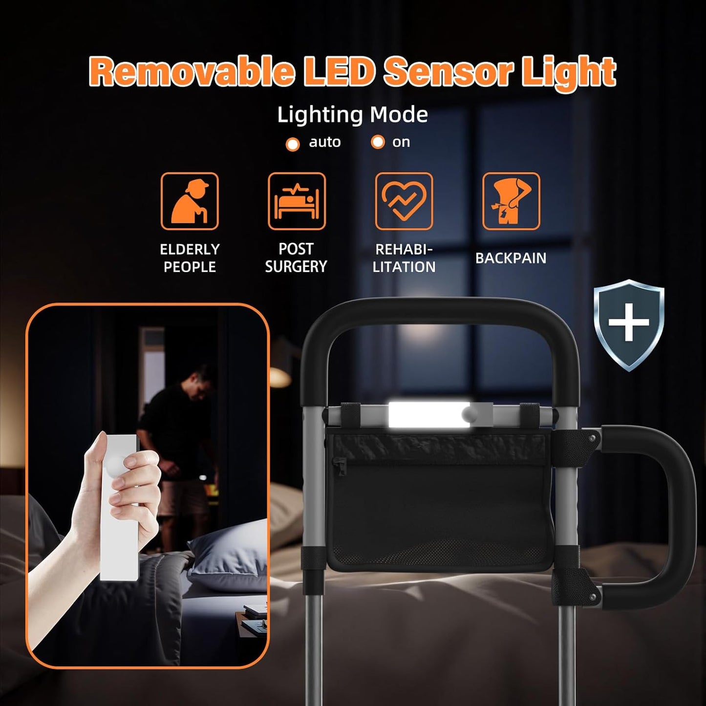 Foldable Bed Rails for Elderly Adults Safety with LED Night Light and Three Storage Pockets, Adjustable Bed Assist Rails for Seniors,Portable & Sturdy Grab Bar Bed Cane for King/Queen/Full/Twin(L)