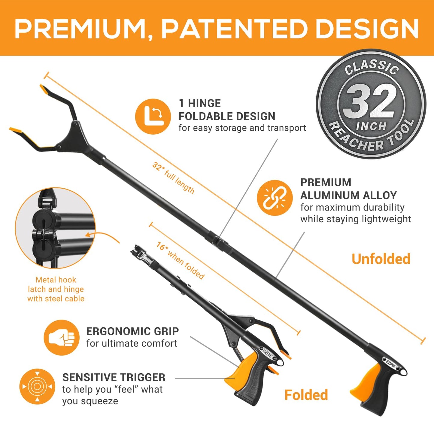EZPIK Classic 32" Flexible Folding Grabber Tool for Elderly + Magnets, Reacher for Disabled & Seniors Heavy Duty Rotating Grippers for Reaching Underneath, Trash Grabbers & Pickers for Mobility 2-Pack