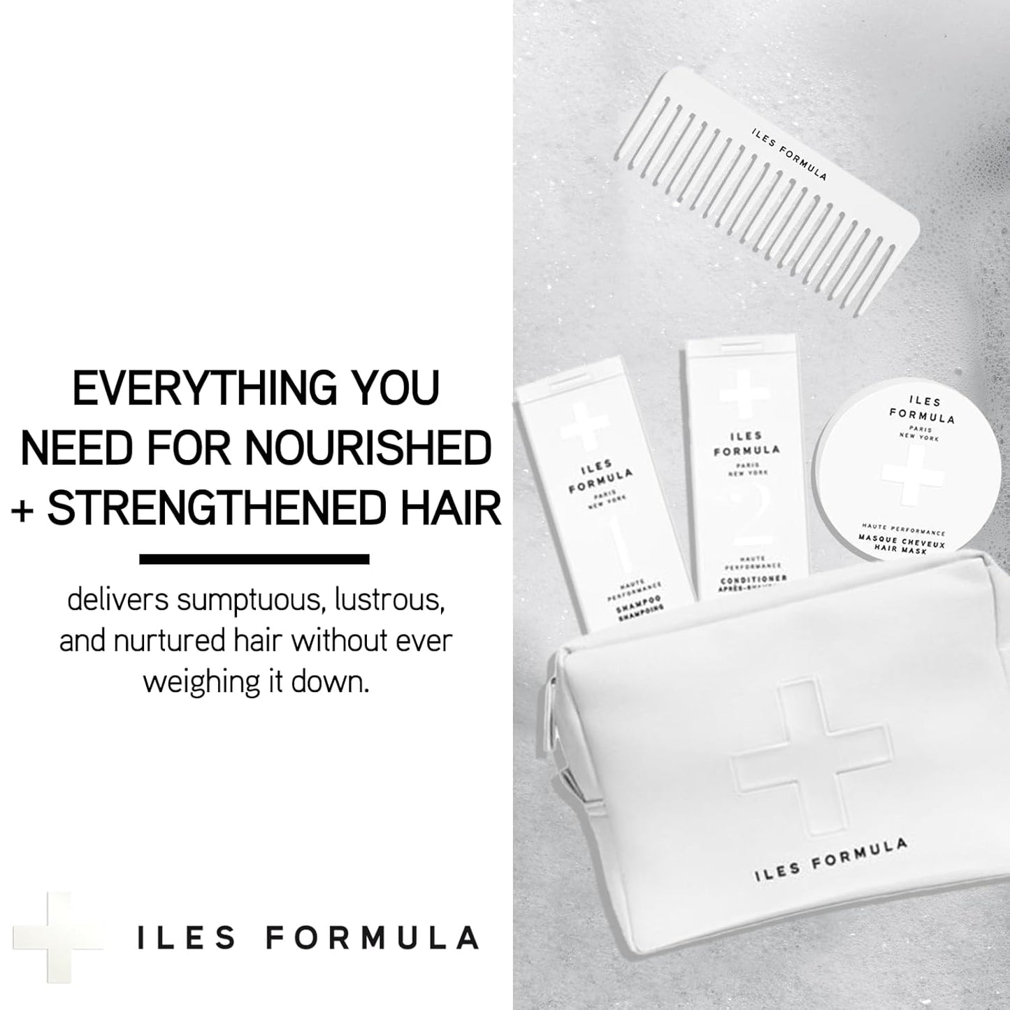 Iles Formula Nurture Pack (5-Piece Set) Shampoo + Conditioner + Hair Mask + Comb in Faux Leather Beauty Bag - Nourishes, Strengthens, Helps Prevent Hair Breakage, Infused with Vitamins & Tucuma Butter