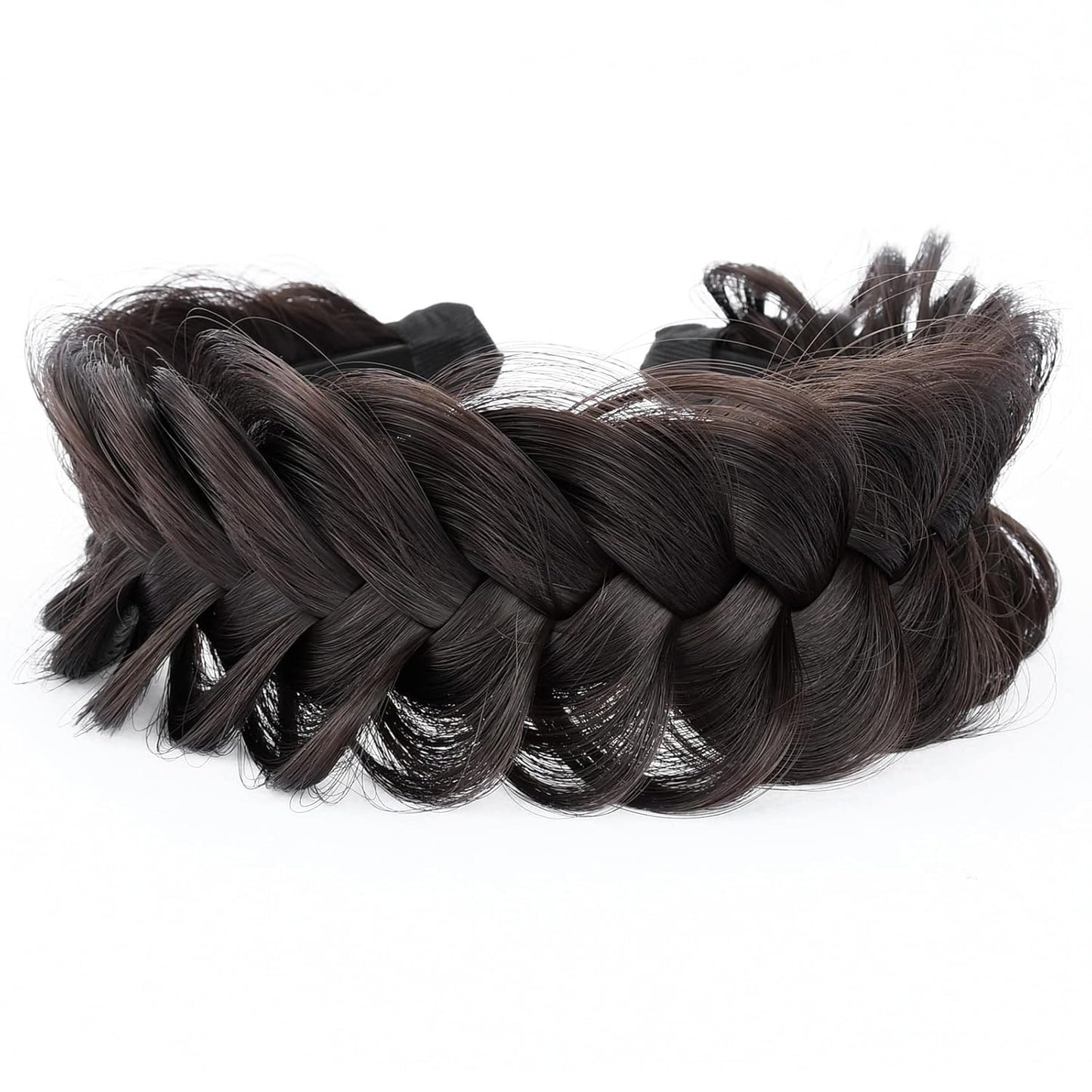DIGUAN Wide Messy Braided Headband With Teeth Synthetic Hair Plaited Headband High Elasticity Braids Chunky Fishtail Braided Hair Band Hairpiece for Girls Women (Dark Chocolate)