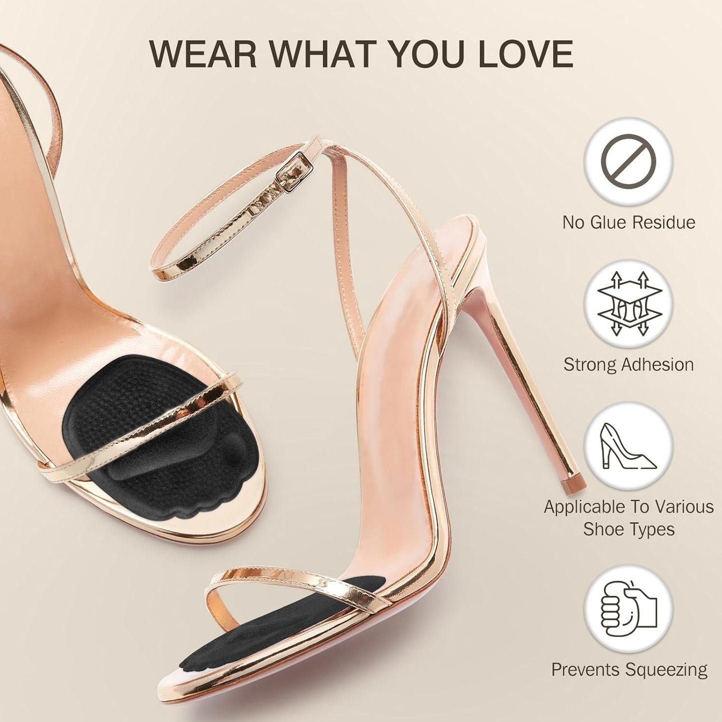 Metatarsal Pads Women, Gel Ball of Foot Cushions for Pain Relief in Shoes, Non-Slip Heel Inserts, One Size Fits All (2 Pairs, Black)