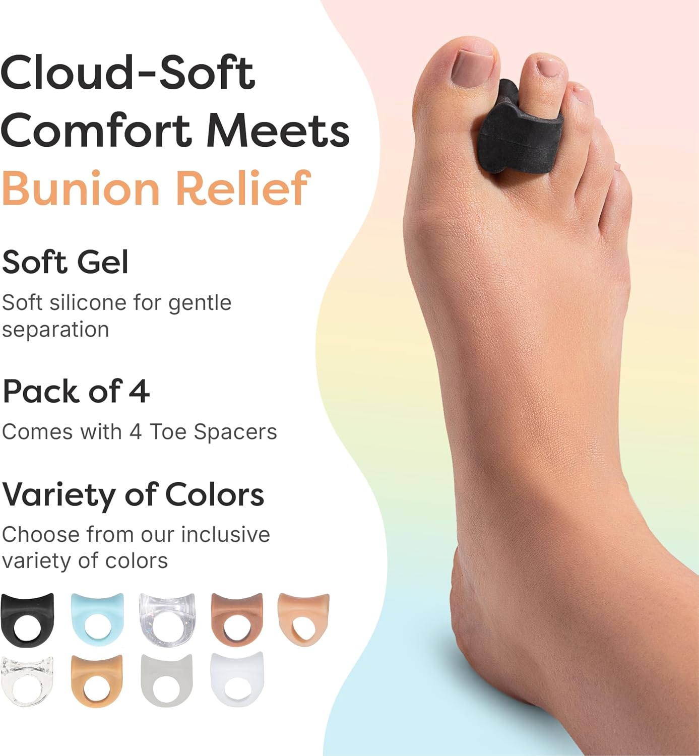 ZenToes Gel Toe Separators for Overlapping Toes, Bunions, Big Toe Alignment, Corrector and Spacer - 4 Pack (Black)