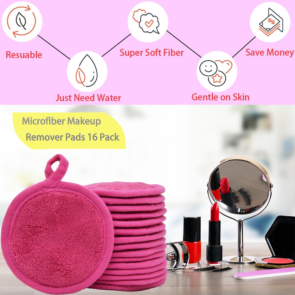 Reusable Makeup Remover Pads 16 Pack Microfiber Cleansing Facial Rounds Wipes Face, Eyes, Lips（3.5inch, dark pink）