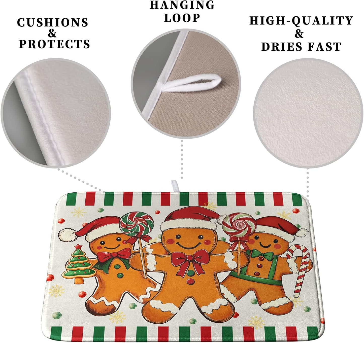 Christmas Dish Drying Mat Gingerbread Man Candy Cane Xmas Tree Drying Mats for Kitchen Counter Winter Holiday Dish Drainer Pad Absorbent Microfiber Dish Draining Mat 16x18 Inch