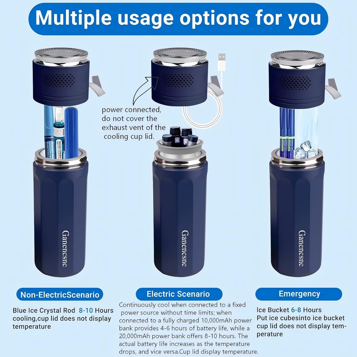 Electric Insulin Cooler Travel Case TSA Approved，USB Type-C Smart Cooling, 10000mAh Power Bank ，Large Capacity Medication Cooler for Travel ，Medical Cooler for Insulin (Blue, Included Power Bank)