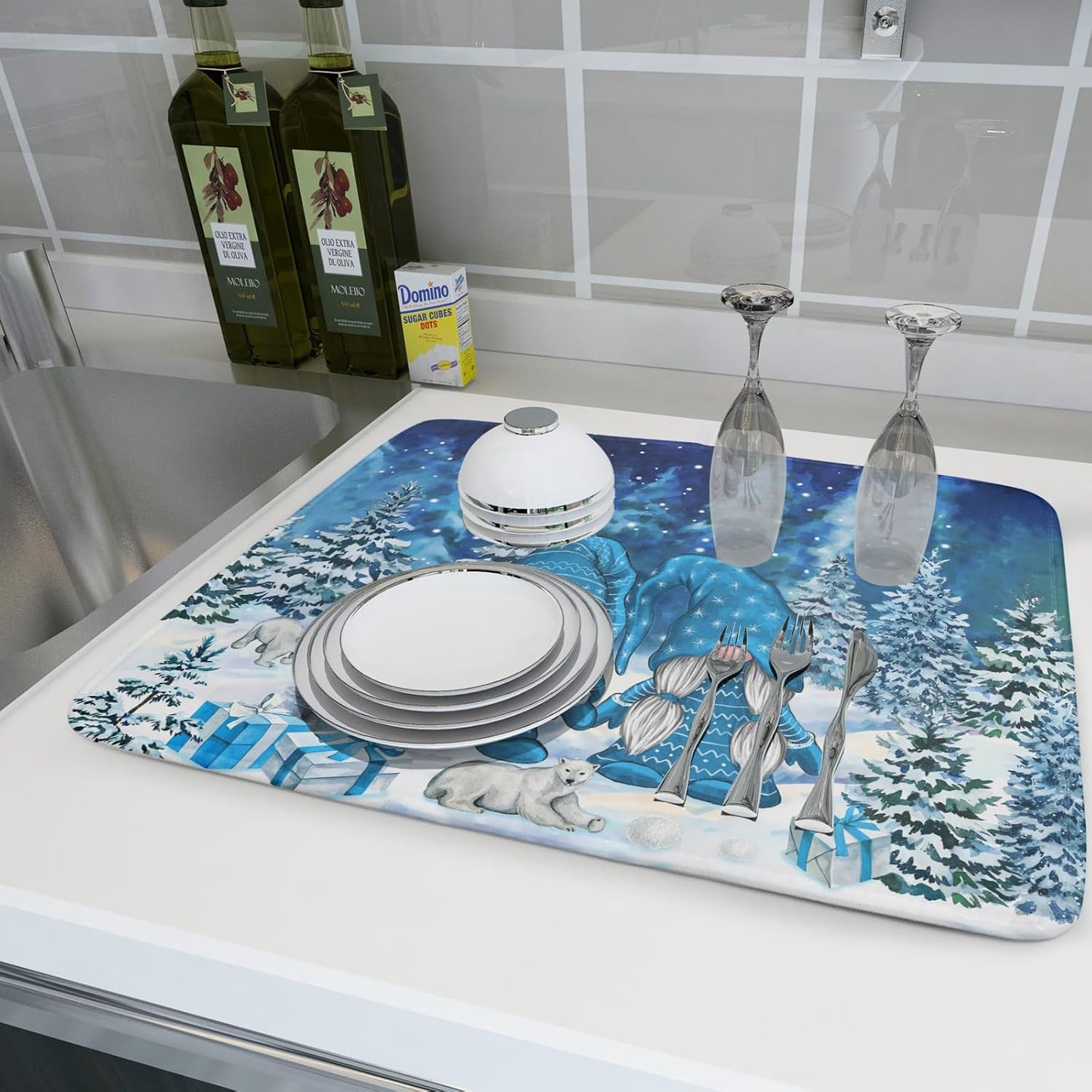 Winter Blue Gnome Dish Drying Mat for Kitchen Counter Pine Tree Microfiber Dish Pad Absorbent Reversible Fast Dry Draining Mats 18x24 Inch
