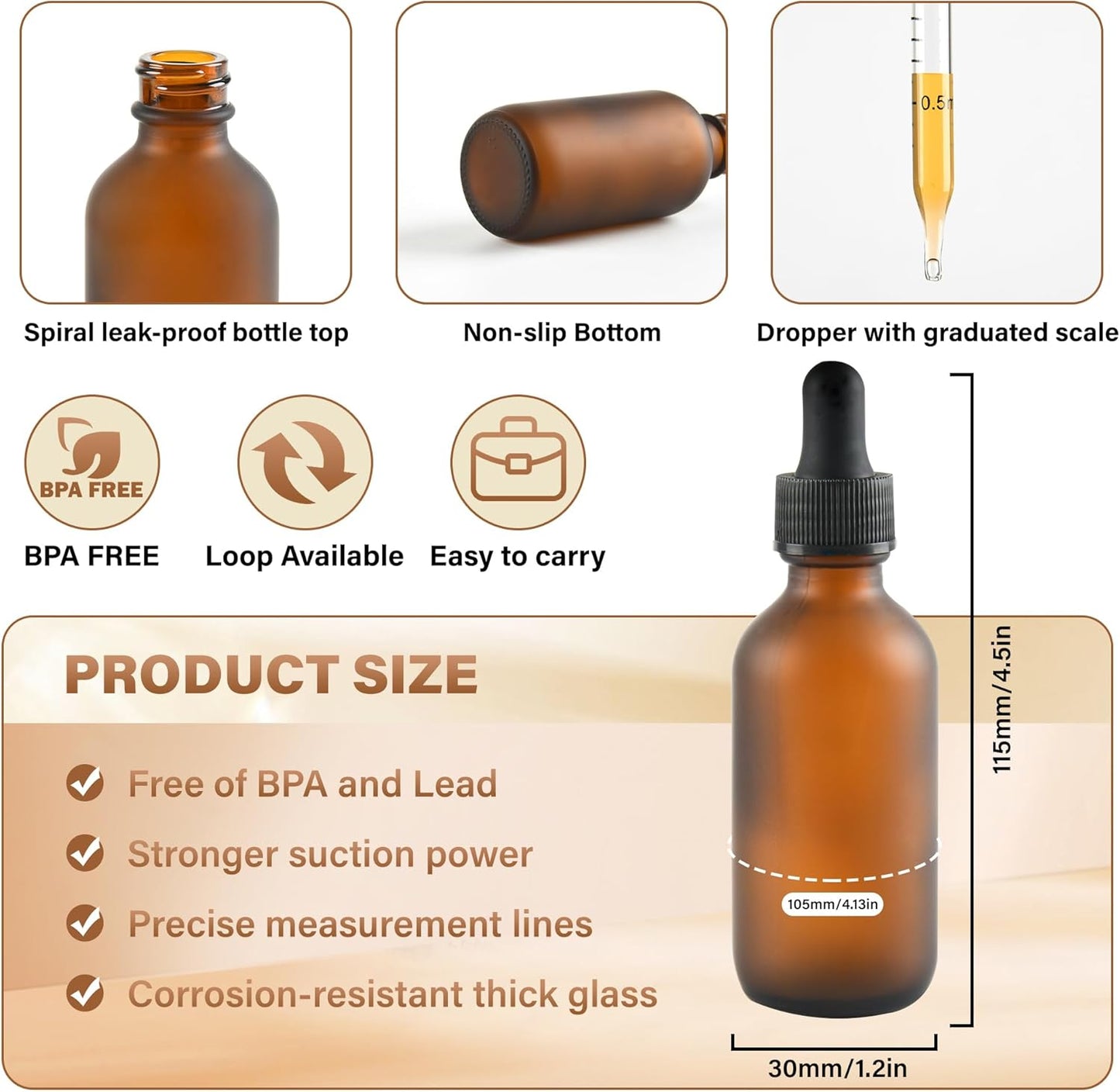 6 Pcs, 2oz Amber Glass Eye Dropper Bottle, Tincture Bottles With Dropper, Pretty Finish, Leak-Proof Design, Stronger Suction for All Kinds of Mixed Liquids