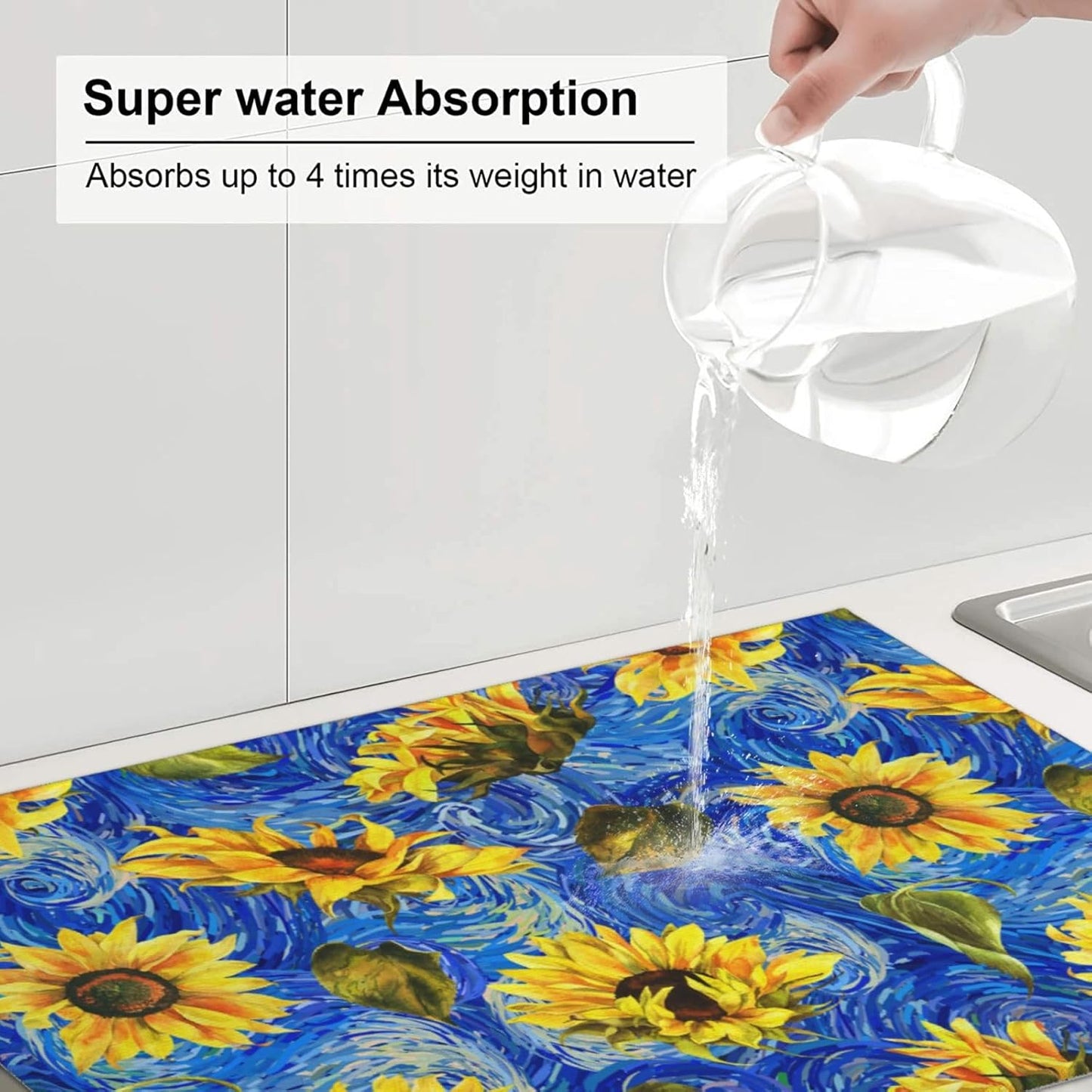 Starry Night Sunflower Blue Dish Drying Mat For Kitchen Counter Absorbent Large Kitchen Fast Dry Pad Reusable Washable Protector Rack Large Mat 18 X 24