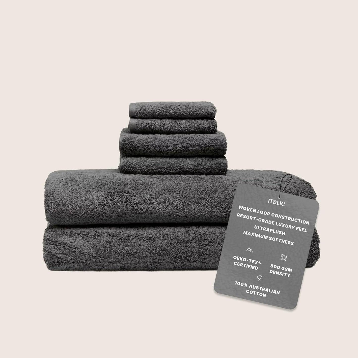 Italic Ultraplush Luxe 6 Piece Towel Set – 2 Bath Sheets, 2 Hand Towels, 2 Washcloths – 800GSM Soft, Highly Absorbent & Quick Drying, Resort Grade 100% Australian Cotton Towels (Charcoal)