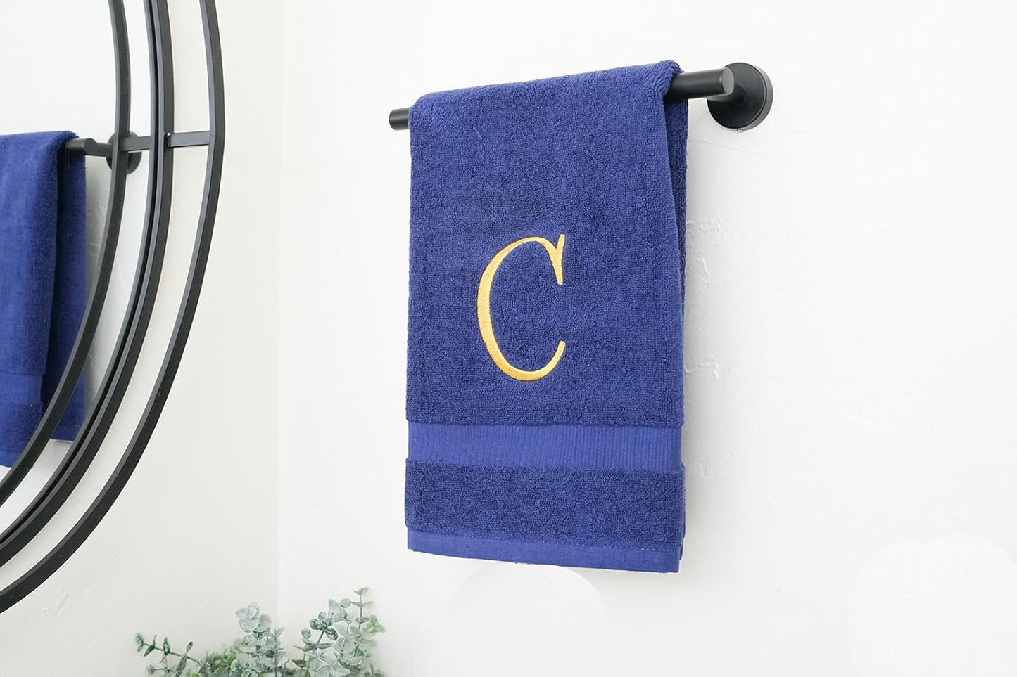 Navy Initial Hand Towel for Bathroom - Monogrammed Luxury Hotel Quality Decorative Embroidered Towel for Powder Room, Spa - GOTS Organic Certified - Set of 2 Letter C