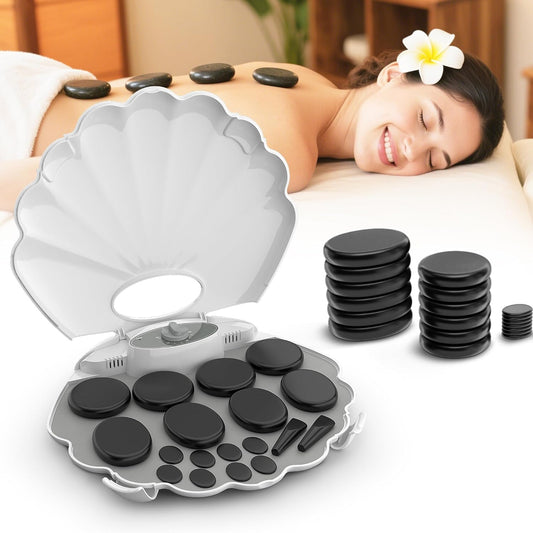 Shell Hot Stones Massage Set, 18-Piece Basalt Hot Stones with Heater Kit, Featuring an Elegant Seashell Design for Spa Use. Perfect for Relaxation, Healing, and Pain Relief. （White）