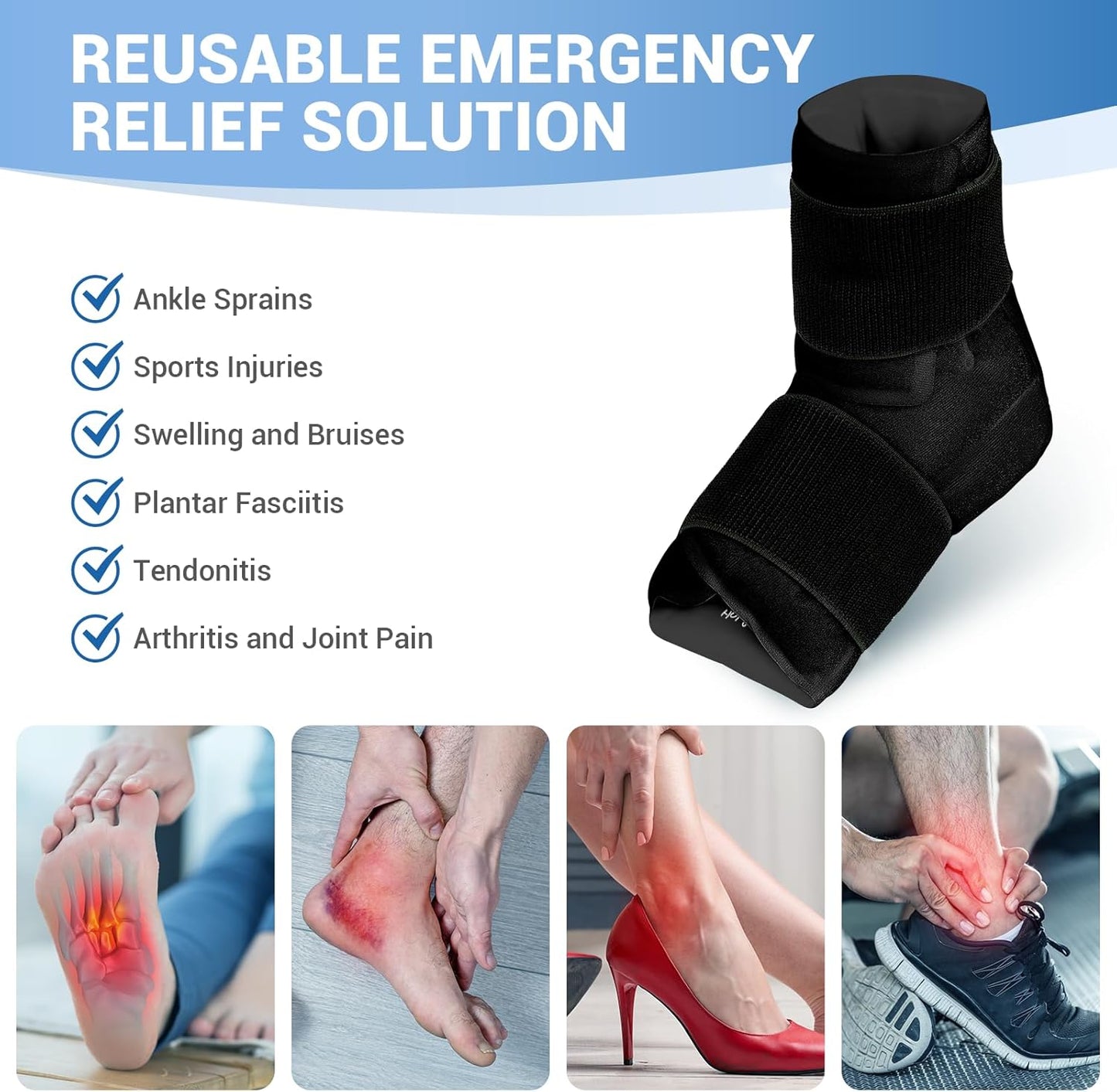 Comfytemp Large Ankle Foot Ice Pack Wrap for Plantar Fasciitis Relief, Feet Brace for Sprained Ankle, Heel Spur, Swelling, Tendonitis, Pain, Hot & Cold Therapy, Surgery Get Well Gift, 1 Pack (Black)