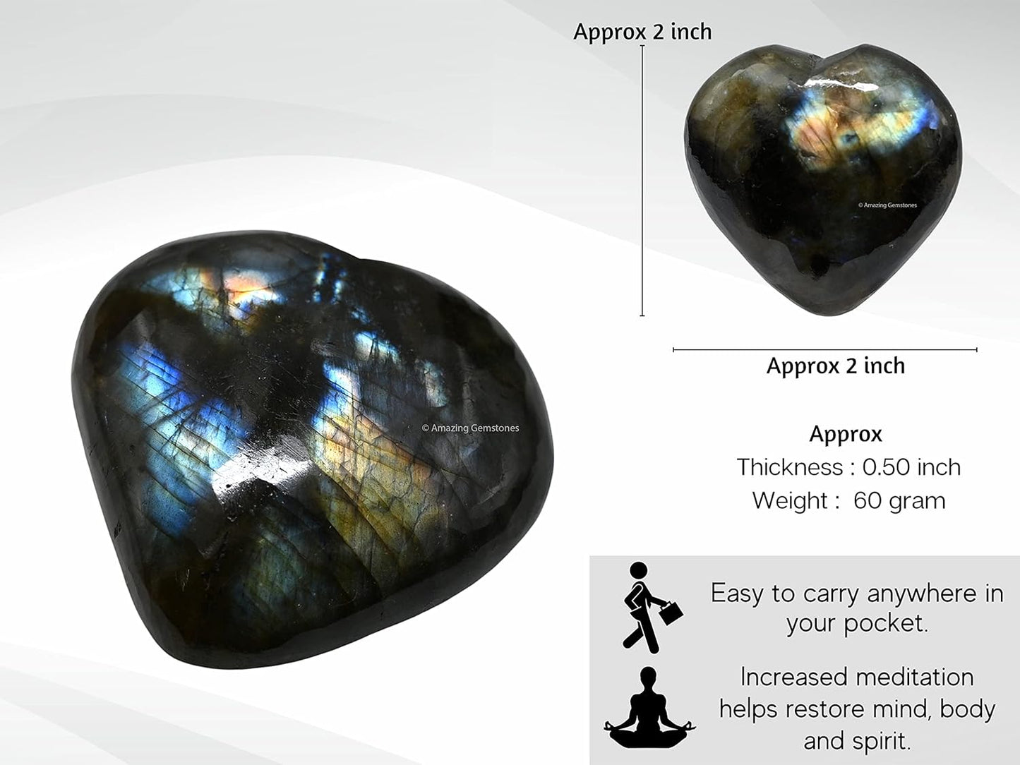 Labradorite Crystal Heart Palm Stone - Pocket Massage Worry Stone for Natural Body Chakra Balancing, Reiki Healing and Crystal Grid