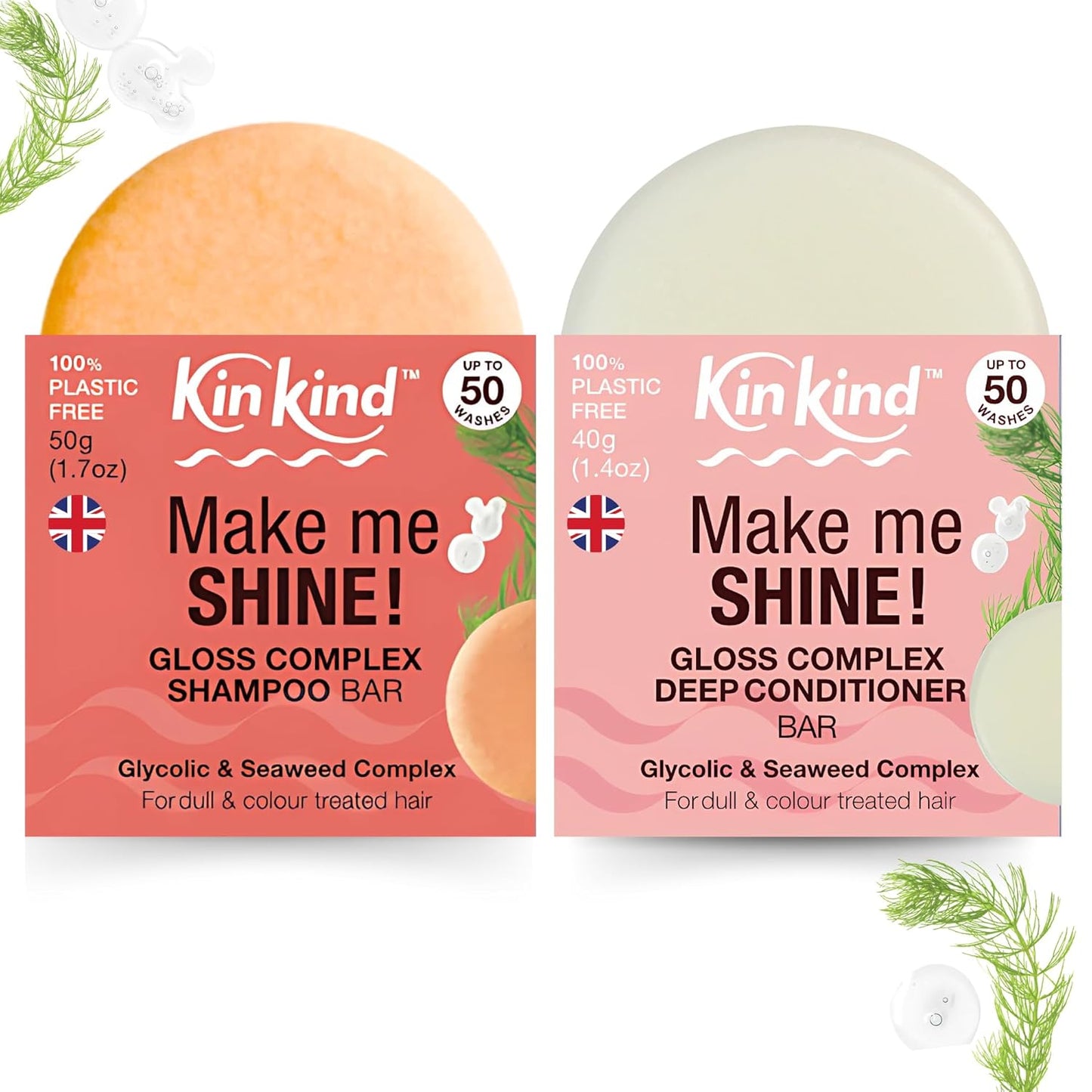 KinKind Hair Gloss Shampoo and Conditioner Bar Set. Make me SHINE! Glycolic Acid & Seaweed Shampoo Bar and Conditioner with Glycolic Gloss Complex for Dull & Coloured Hair. Vegan, UK made