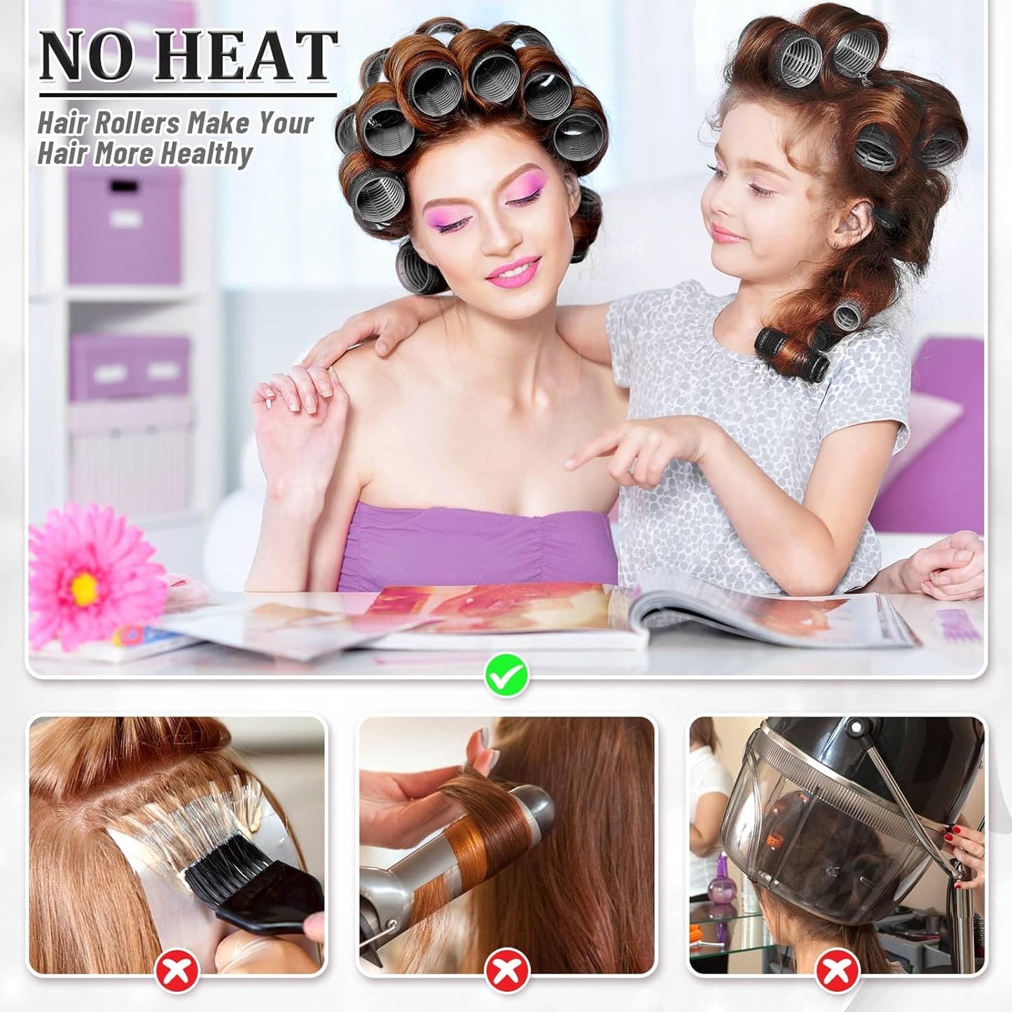 Big Self-Grip Hair Curlers Rollers with Stainless Steel Duckbill Clips for Long, Medium, Thick Hair and Bangs Volume (Black)