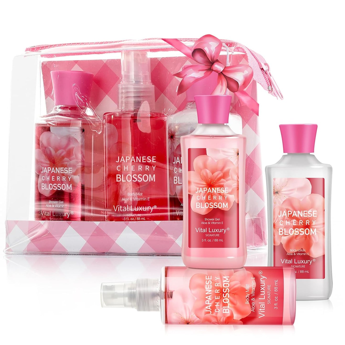 Cherry Blossom Spa Gift Set, Bath and Body Care Collection,3-Piece Travel Set with Shower Gel, Lotion, Body Mist