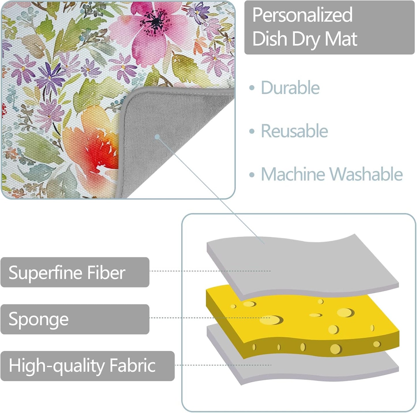 SHIYUE Dish Drying Mat for Kitchen Counter Super Absorbent Spring Kitchen Decor Microfiber Drying Matainers Rack Fast Pad Dish Drainer Mats(Watercolor Floral,18''x24'')