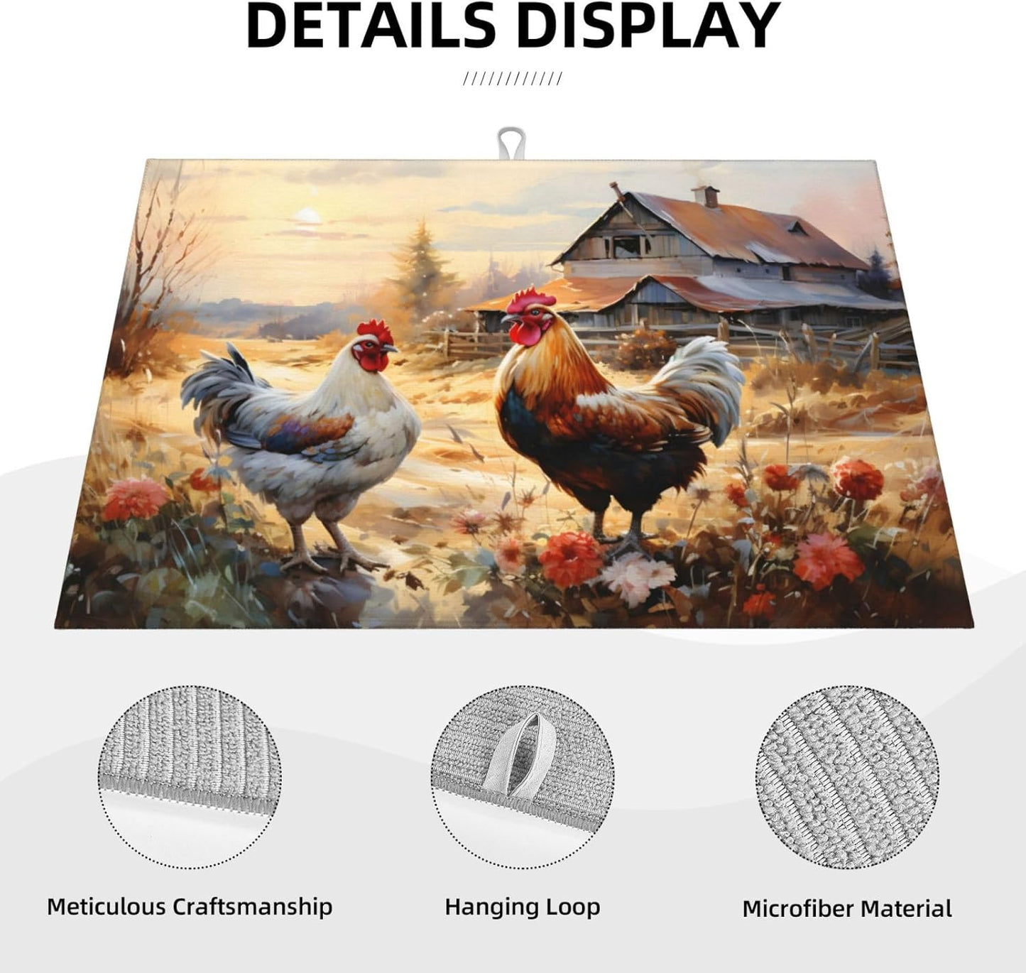 Farm Chicken Dish Drying Mat for Kitchen Counter Absorbent Dish Drying Pad Microfiber Countertop Protector Mat Reusable Dish Drainer Rack Mats Kitchen Accessories 18x24Inch