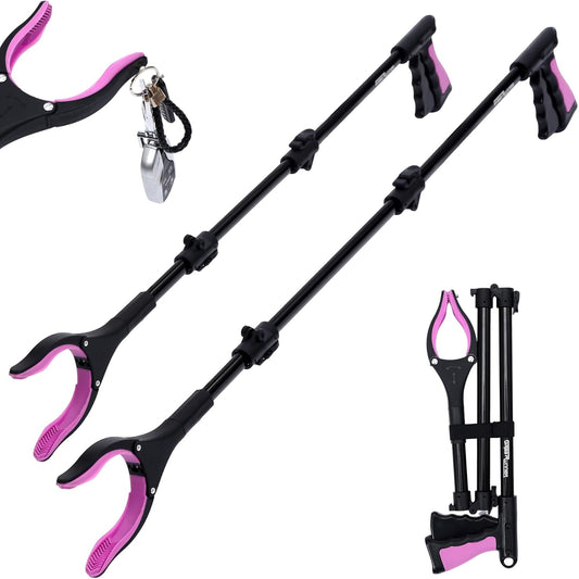 38" & 44" Extra Long Grabber Reacher Tool – 2 Pack Foldable Reacher Grabber Pickup Tools with 360° Rotating Jaw for Seniors, Hard-to-Reach Areas, Ergonomic Grip & Lightweight Design（Pink）