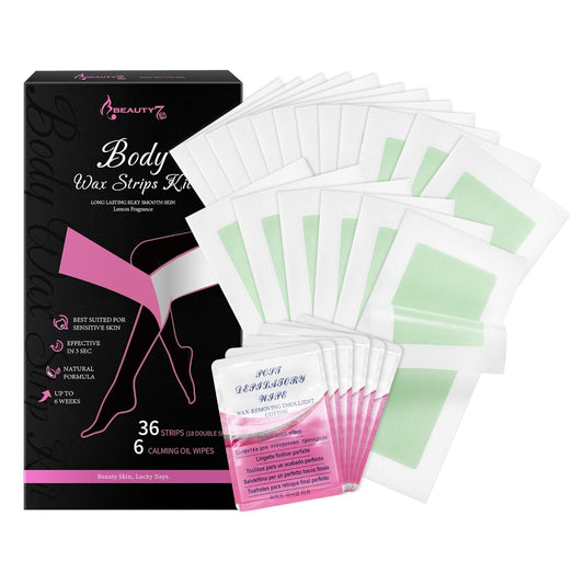 Beauty7 Body Wax Strips Kit, Ready to Use Waxing Strip, Facial Hair Removal, Arms Legs Underarm Bikini Hair Removal, 36 Strips 6 Calming Oil Wipes for All Skin Types