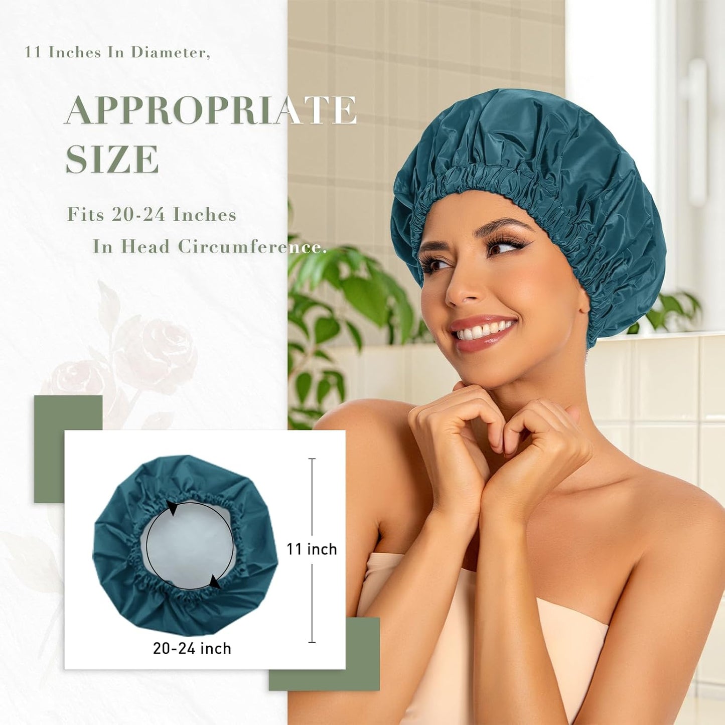 Reusable Shower Cap for Women, Large Waterproof Shower Essentials Bonnet Washable Elastic Band Bath Hair Wrap Hat for Long Hair, Braids(Blue Zircon)
