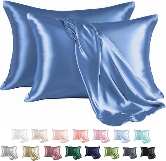 MR&HM Satin Pillowcase for Hair and Skin, Silk Satin Pillowcase 2 Pack, King Size Pillow Cases Set of 2, Silky Pillow Cover with Envelope Closure (20x40, Sky Blue)