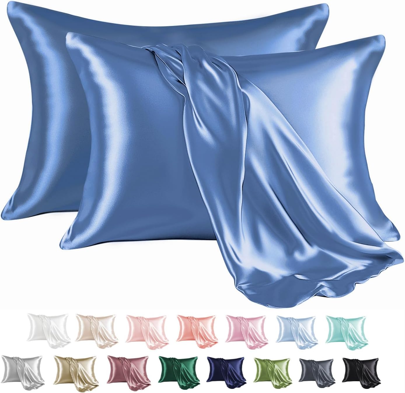MR&HM Satin Pillowcase for Hair and Skin, Silk Satin Pillowcase 2 Pack, King Size Pillow Cases Set of 2, Silky Pillow Cover with Envelope Closure (20x36, Sky Blue)