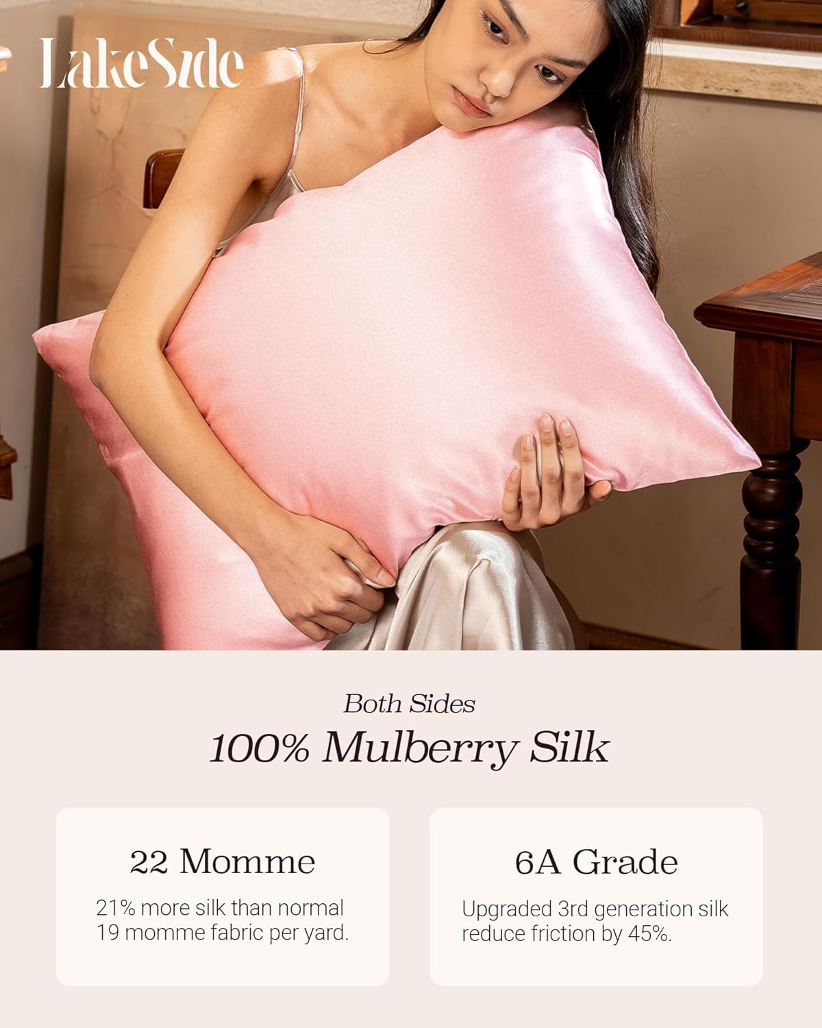 Oriental Lakeside® 100% Pure 22 Momme Mulberry Silk Pillowcase with Hidden Zipper - Nighttime Skincare & Hair Care Hydrating Pillow Cover