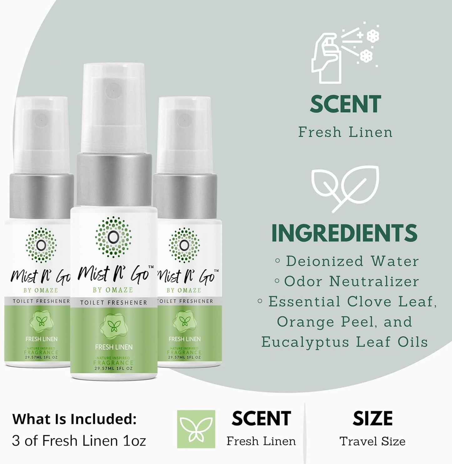 Mist N' Go by Omaze Travel Bathroom Spray - Toilet Odor Eliminator & Air Freshener - Fresh Linen (1oz x3)