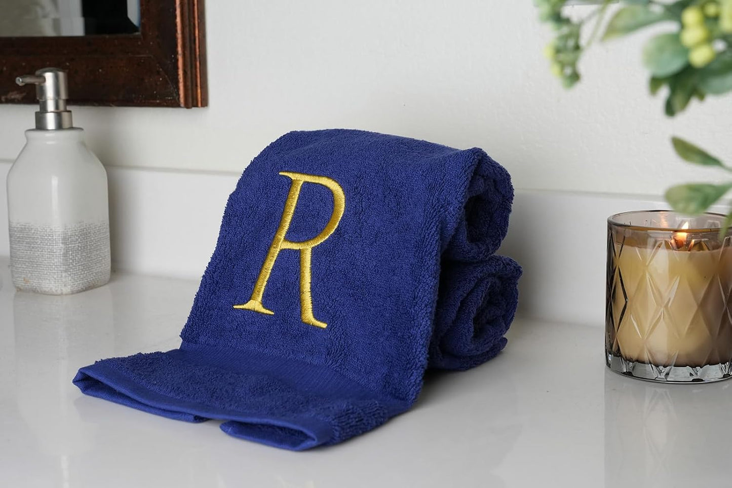 Gold and Navy Monogrammed Hand Towel - Monogram Initial Hotel Quality Decorative Embroidered Luxury Towel for Powder Room, Spa - GOTS Organic Certified - Pack of 2, Letter R