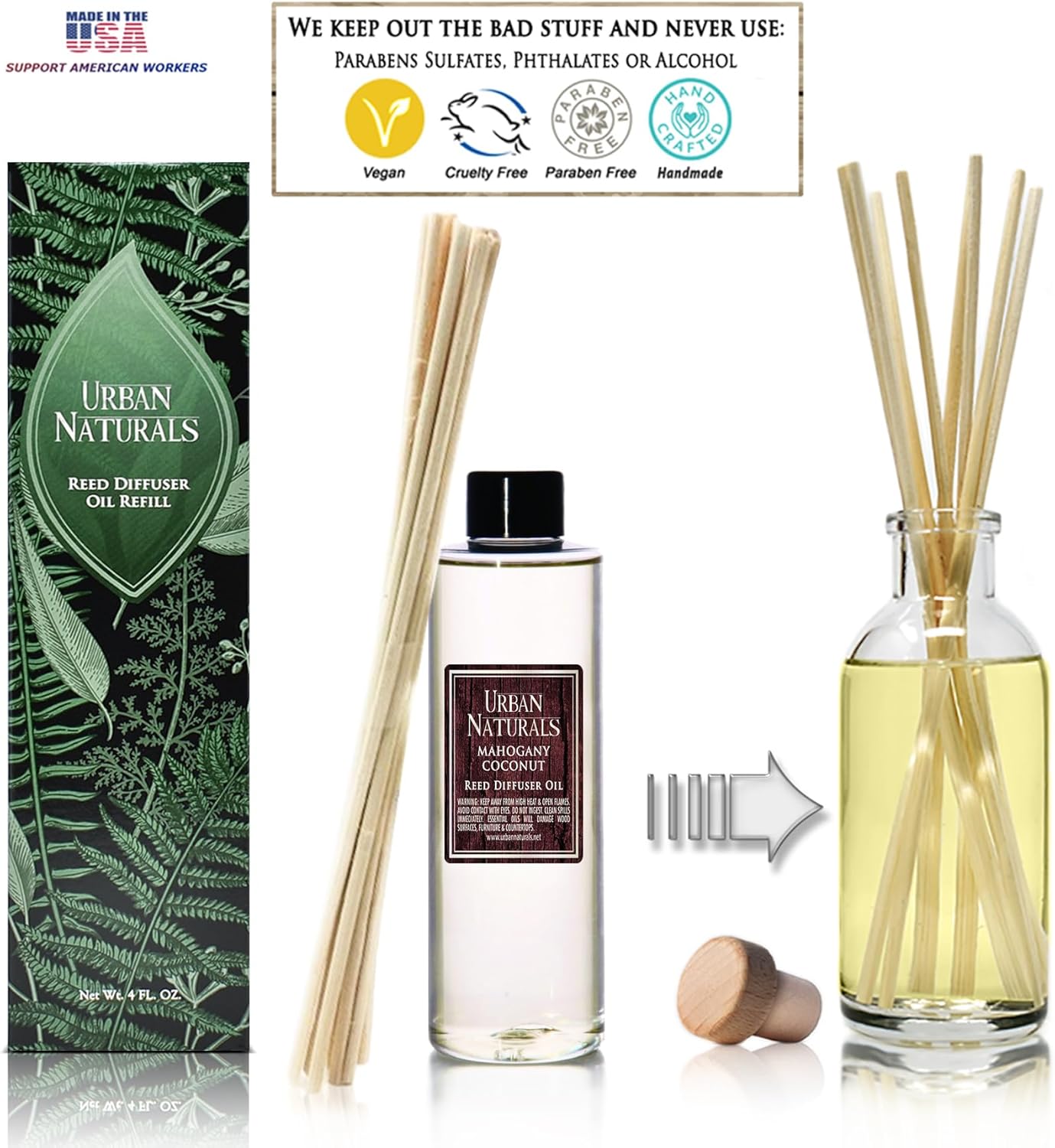 Urban Naturals Reed Diffuser Oil Refill, Mahogany Coconut Diffuser Oils with Sandalwood, Coconut, Oakmoss, 4 oz + Free Reed Sticks, Made in The USA