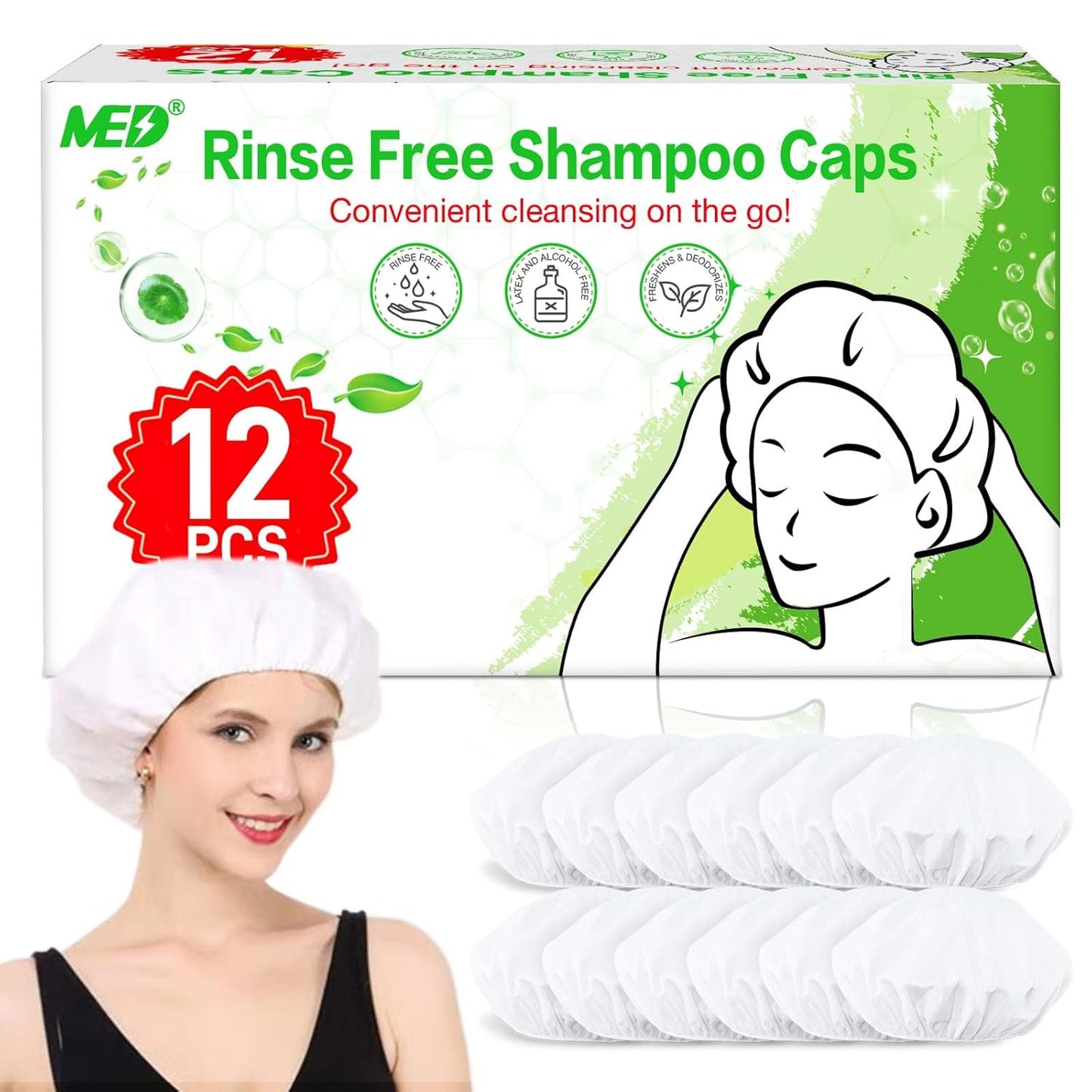 Shampoo Caps No Rinse Waterless Hair Washing Shower Caps 12 Packs for Elderly, Women, Hospital, Camping