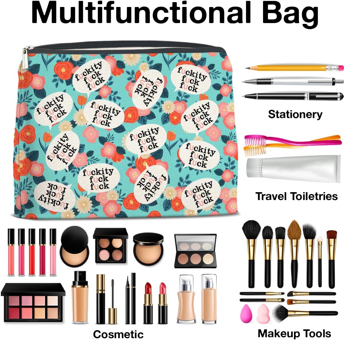 Humor Floral Makeup Bag Gifts for Women Cute Flowers Funny Cosmetic Bag Zipper Pouch