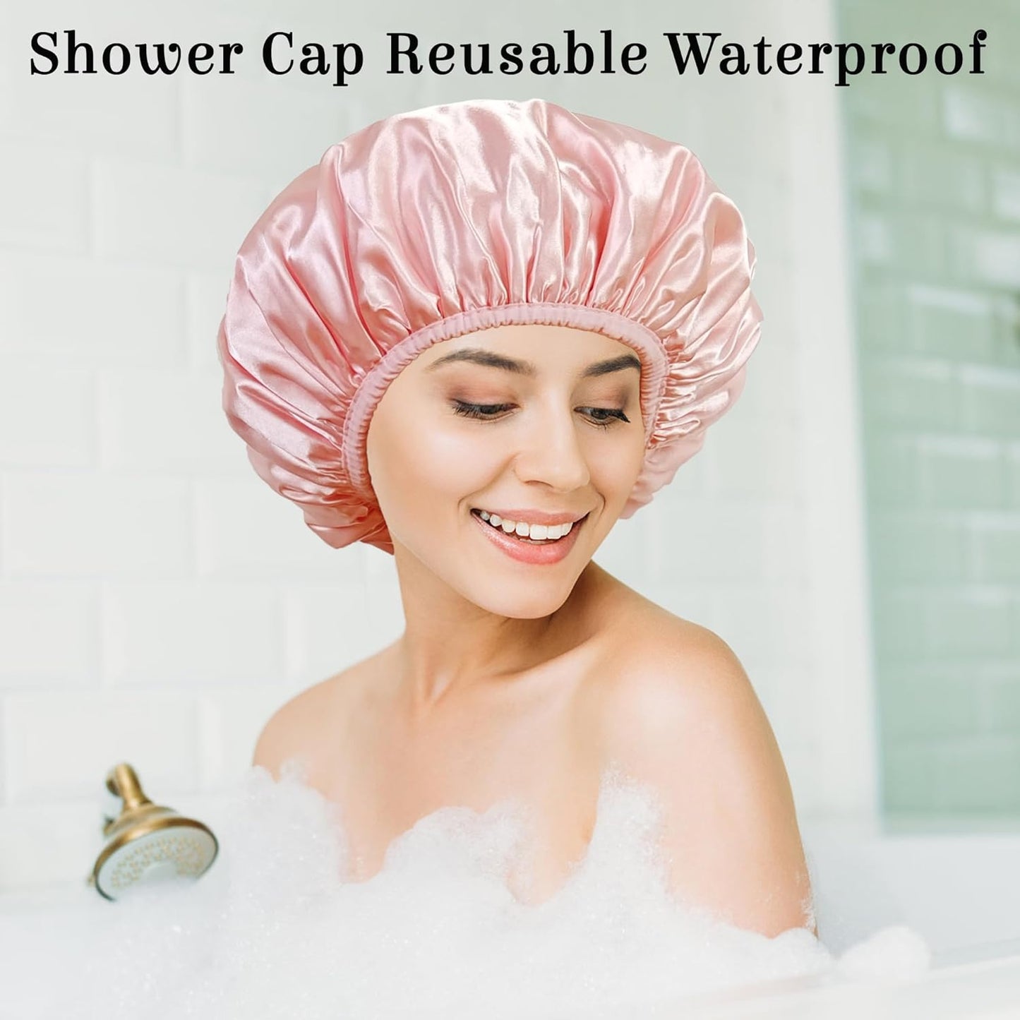 Shower Cap Reusable Waterproof, Terry Lined Shower Caps for Women, Triple Layer Hair Cap for Shower, Large Plastic Shower Cap for Braids Long Hair