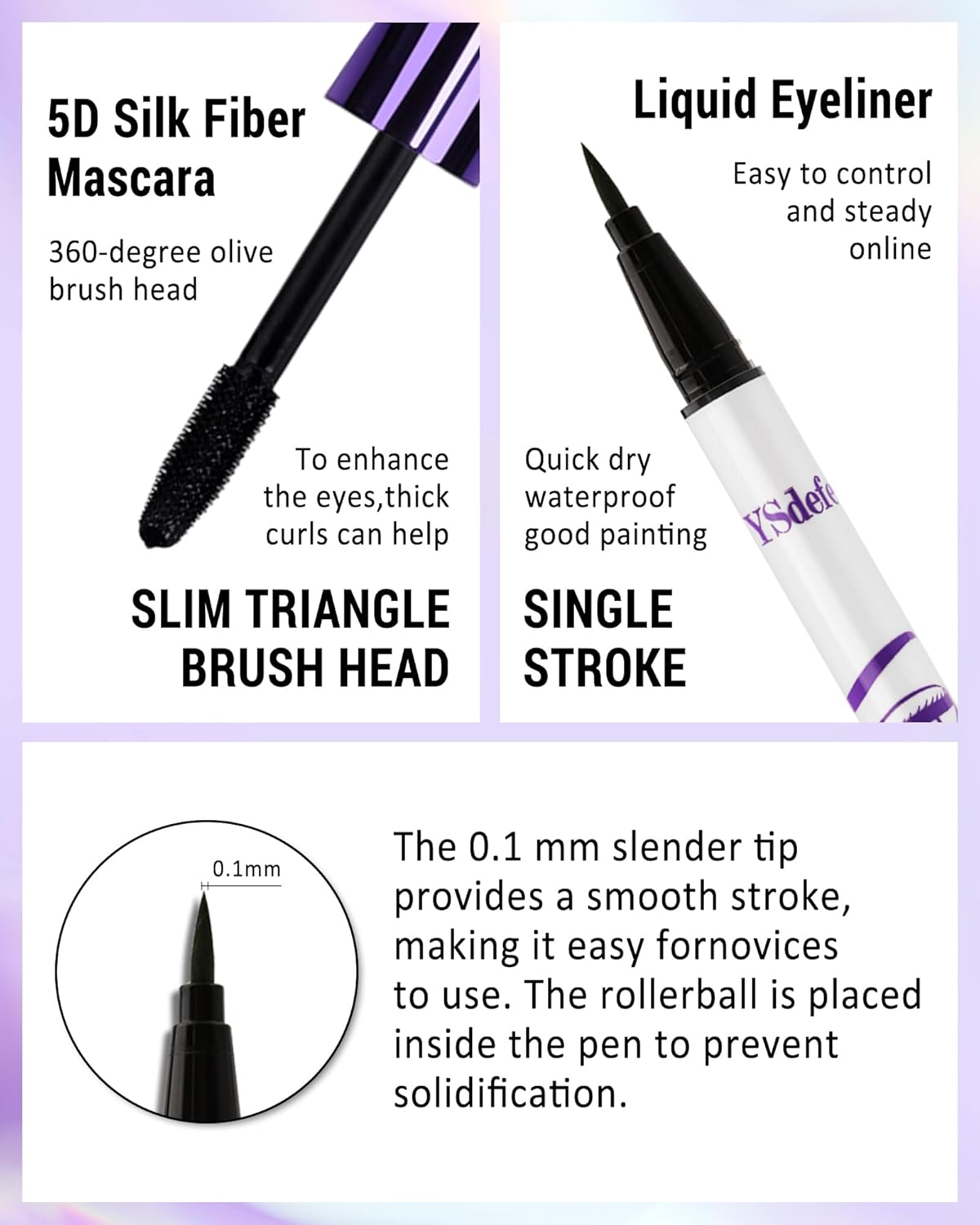 Black Mascara Liquid Eyeliner Set, Update Longlasting Waterproof Color Eye Liner Pen, 5D Silk Fiber Colored Mascara Volume and Length, Halloween Party Stage Use Eye Makeup Gift Kit for Women Girl-01
