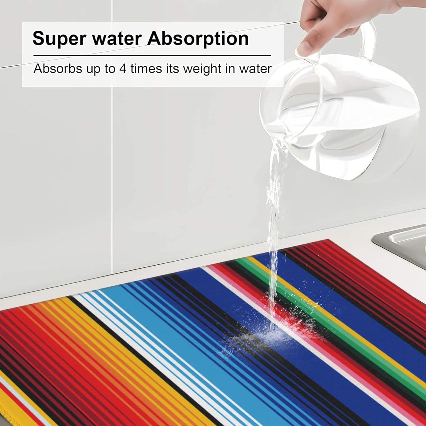 Rainbow Colorful Stripe Kitchen Drying Mat Mexican Microfiber Dish Drainer Mat for Kitchen Counter Absorbent Reusable Washable 16x18 Inch