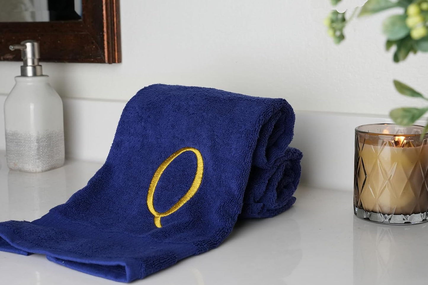 Navy Powder Room Hand Towel - Monogram Initial Hotel Quality Decorative Embroidered Luxury Towel for Spa - GOTS Organic Certified - Set of 2 Gold Letter Q
