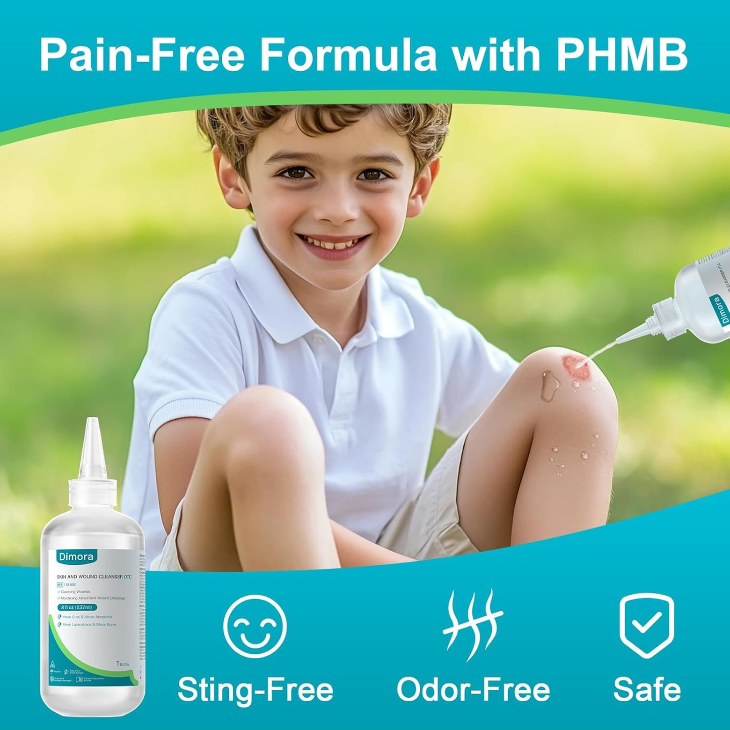 Dimora Skin and Wound Cleanser, OTC First Aid Antiseptic Cleanser,Moistening Absorbent Antibacterial Wound Dressings for Cuts, Abrasions, Lacerations, Burns, Skin Cleansing and Rinsing -8oz / 237mL