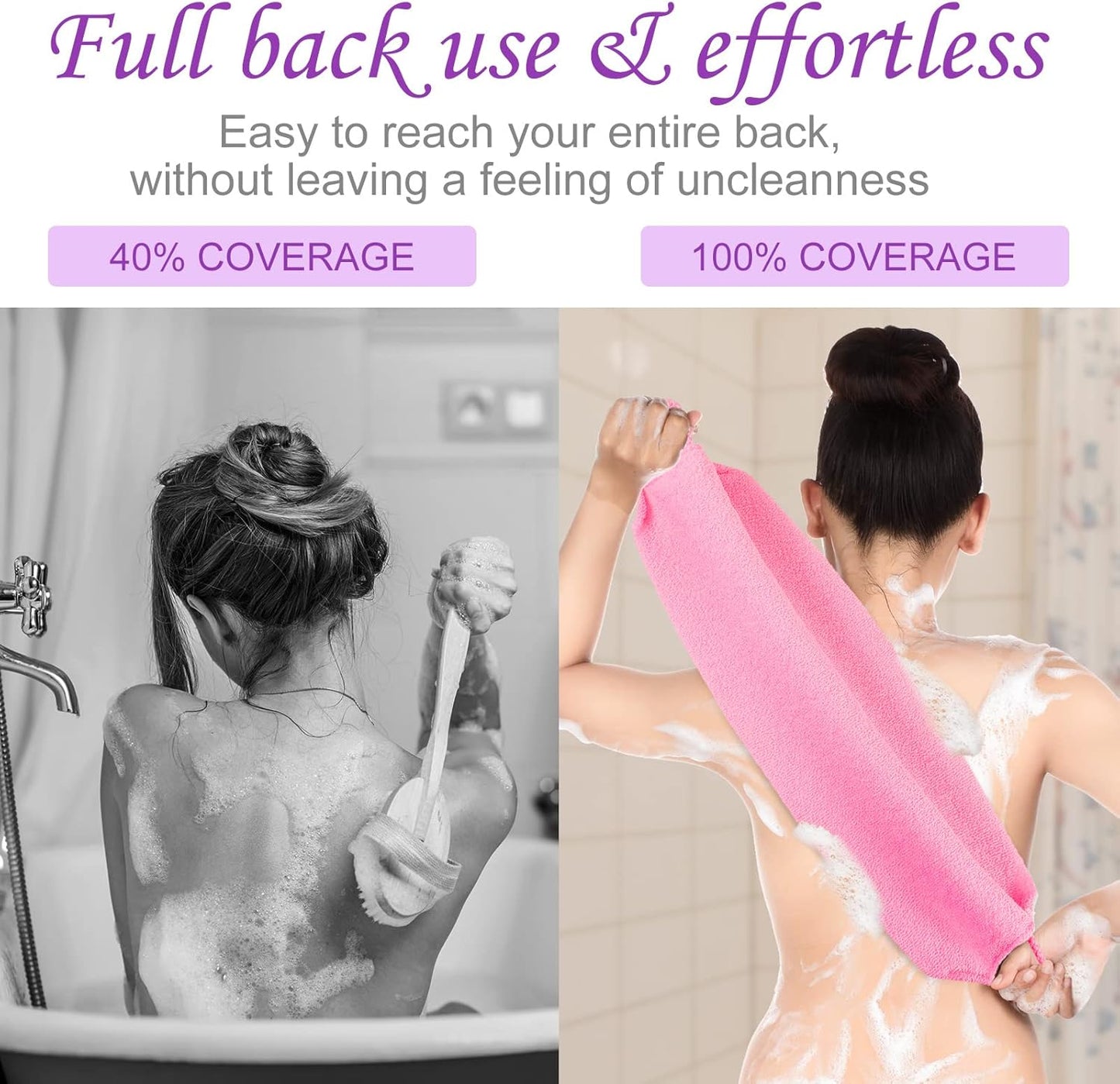 Moukeren Exfoliating Back Scrubber with Handles 4 Pack Nylon Back Exfoliator Extended Length Washers Scrubbers Stretchable Pull Strap Exfoliating Washcloth(Pink,Blue,Fluorescent Green,Purple)